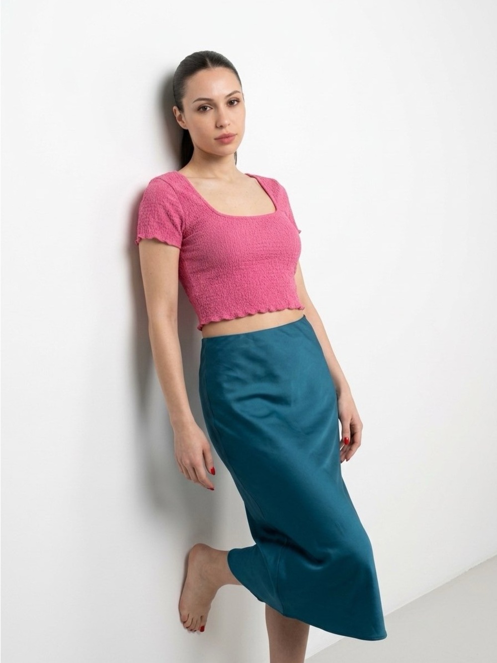 DEFROST RUCHED SQUARE NECK CROP TOP PINK XL WOMENS